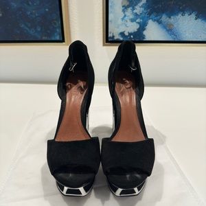Schutz Black and metallic platform chunky suede heels.